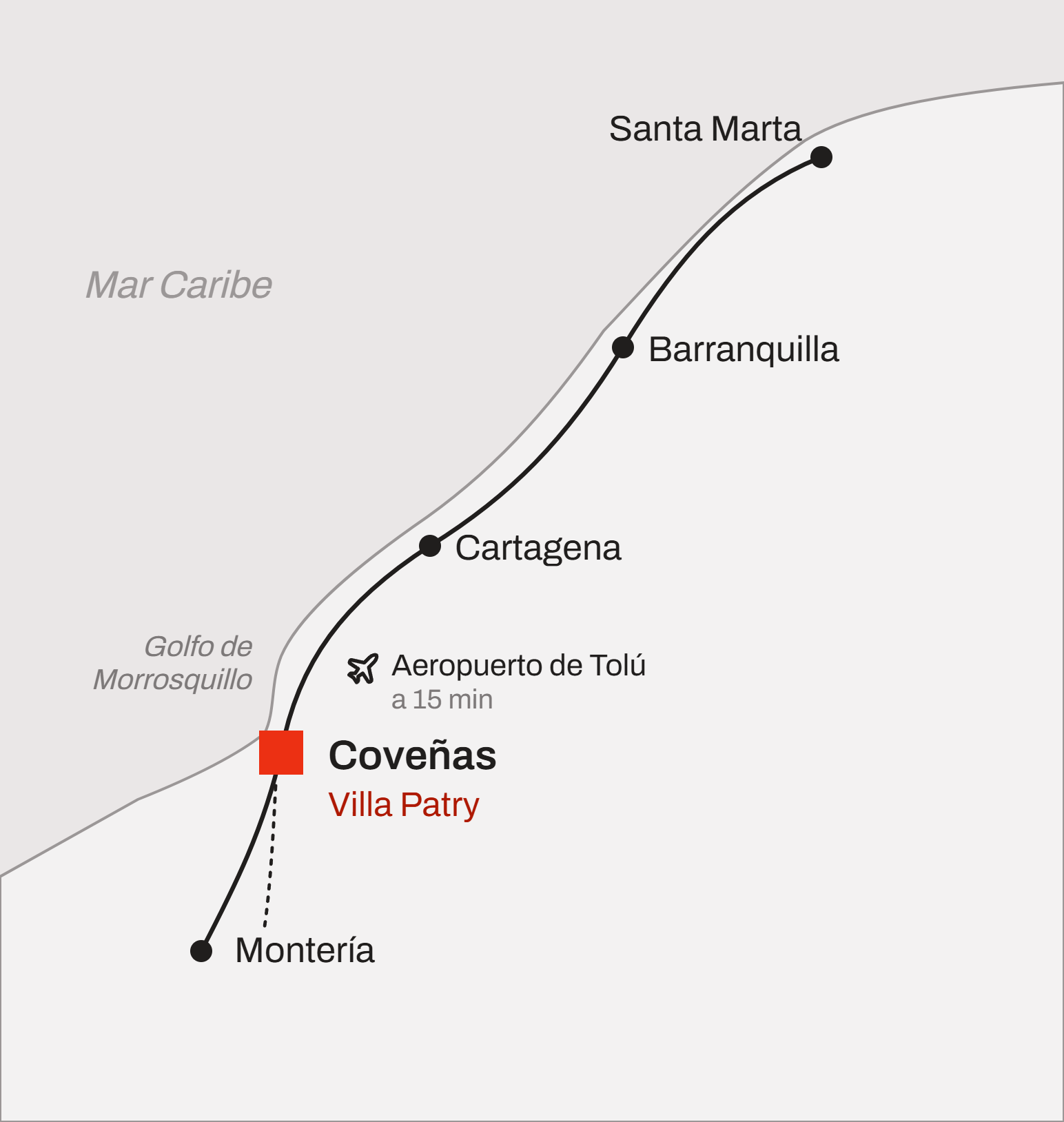 Mapa de la costa Caribe colombiana con la ruta hacia Coveñas desde Cartagena, Barranquilla, Santa Marta y Montería, y el aeropuerto de Tolú a 15 minutos de Villa Patry